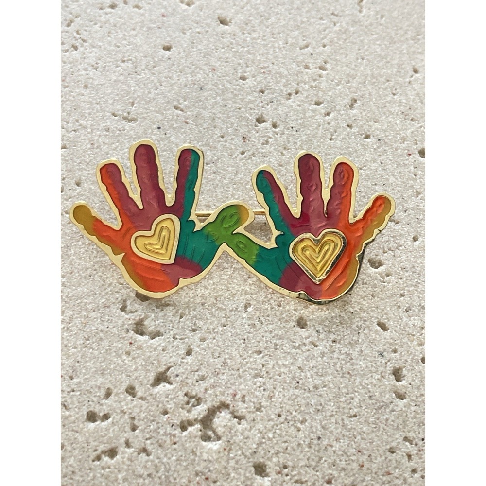 Colorful Enamel Brooch Double Hand I Love You Heart Gold Tone Rainbow Hands